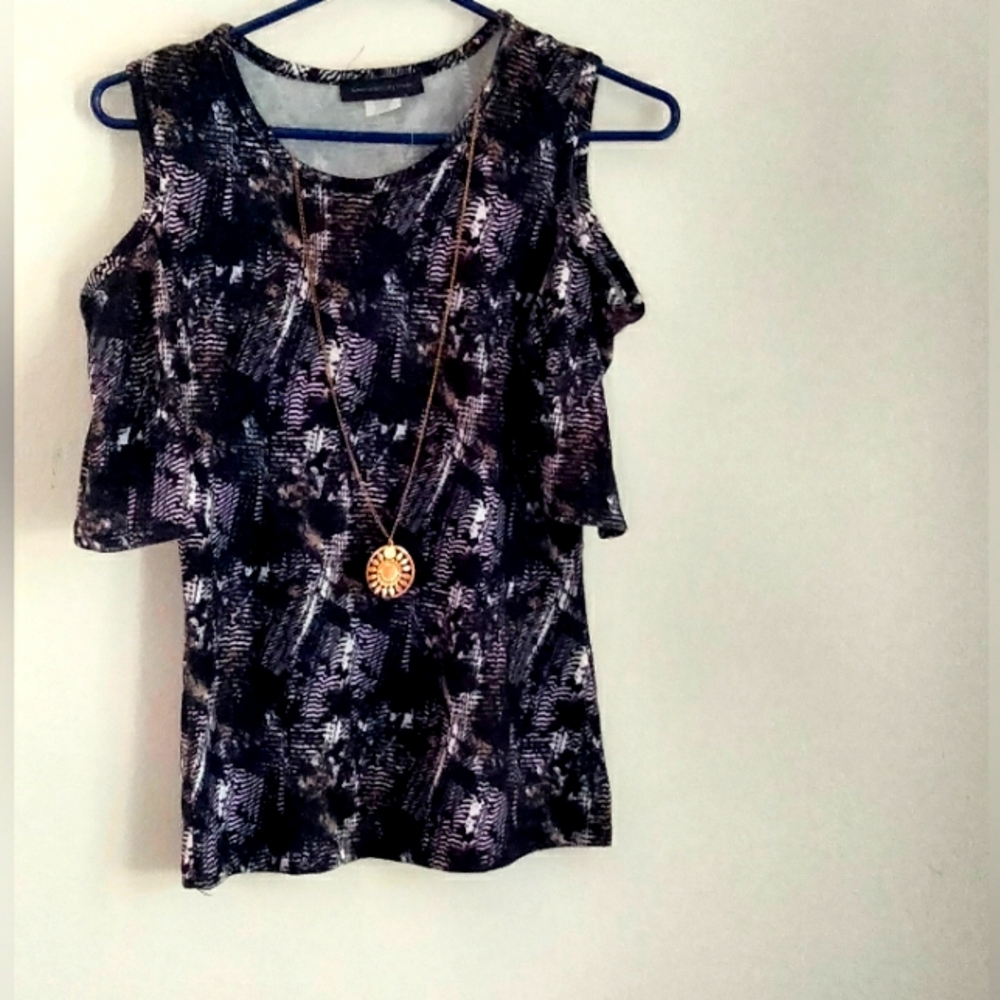 American City Wear Blouse Women M Black, Brown and White Top Versatile Office
